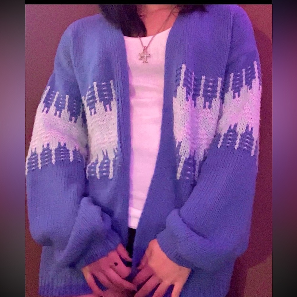 ‧₊˚ ( ✦ ) knitted blue, light blue, and white snug cardigan